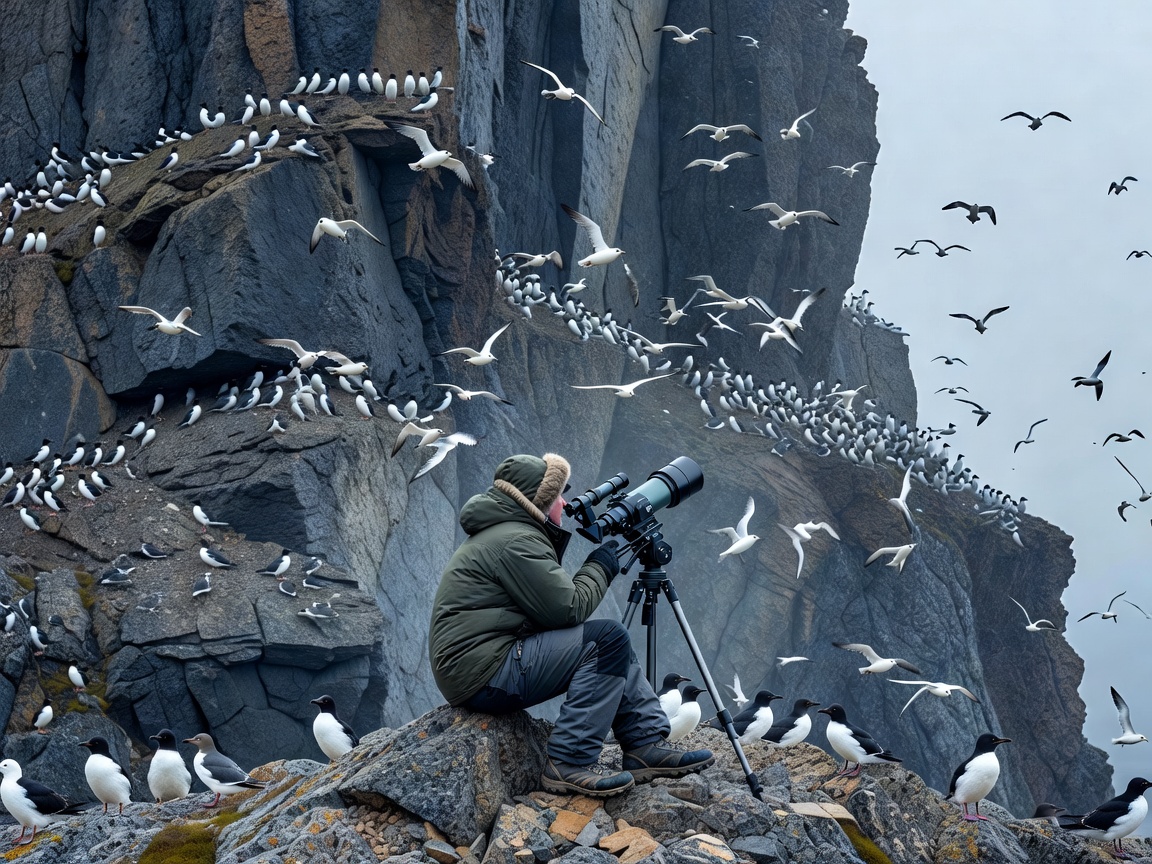 A birdwatcher with a telescope sitting quietly on a rocky slope below a seabird cliff in Svalbard