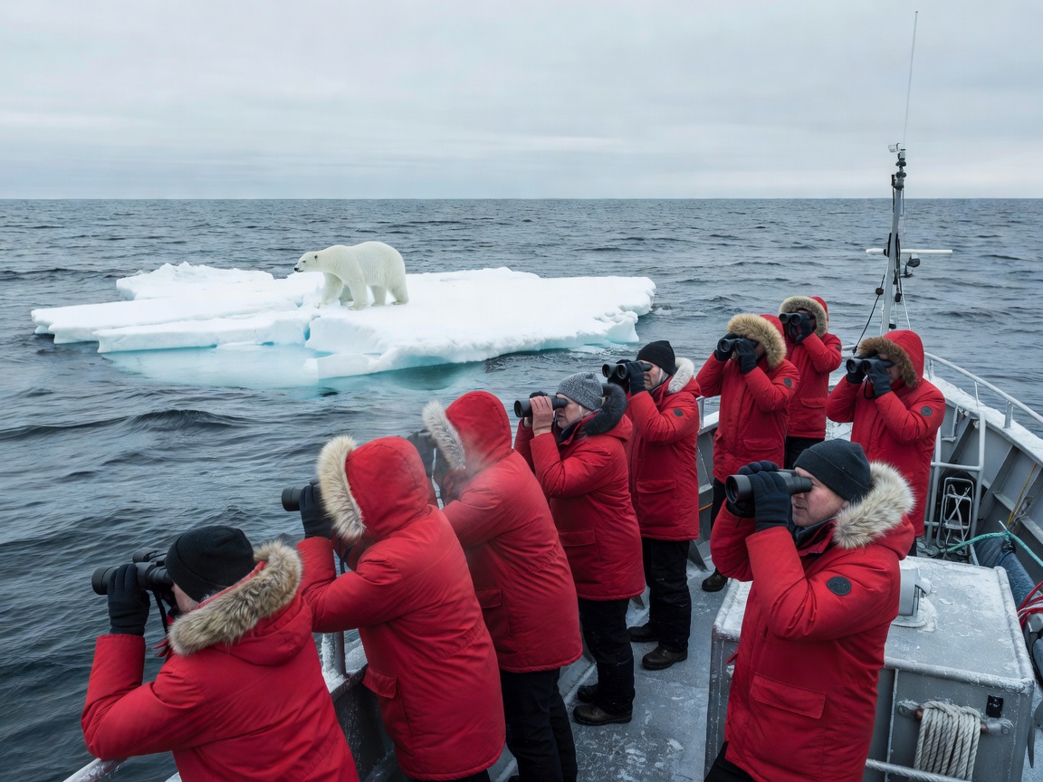 Travellers in red parkas on the deck of a small expedition ship watching a distant polar bear on drifting sea ice through binoculars