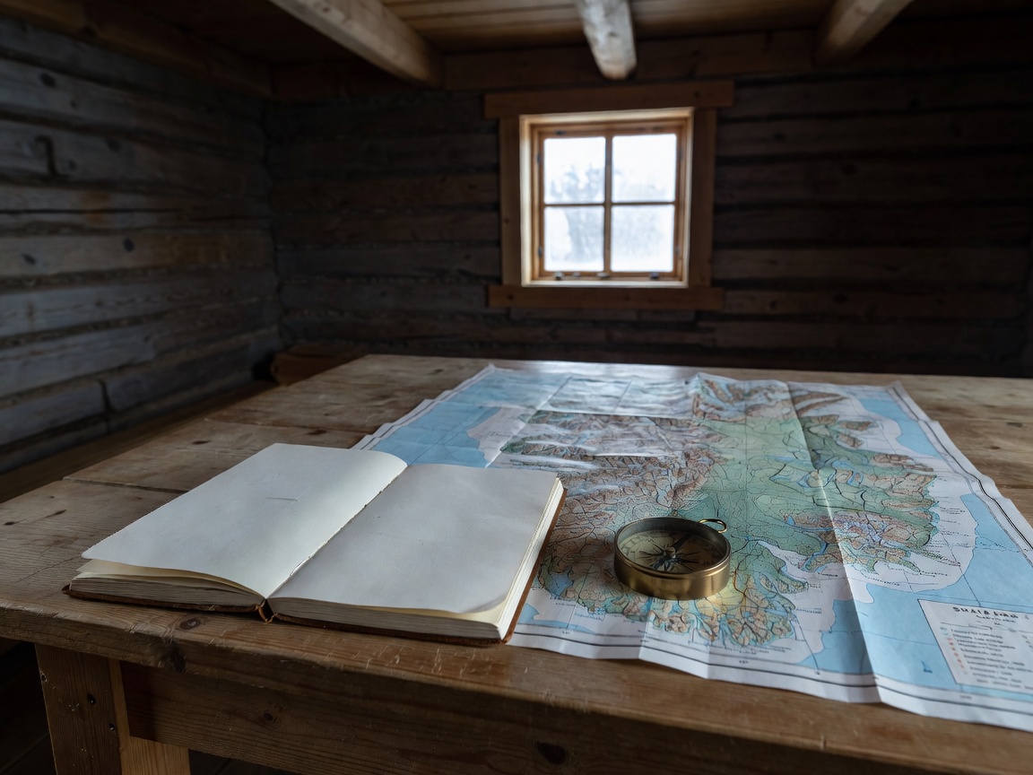 An open paper field notebook, a folded topographic map of Svalbard and a compass on a wooden table inside a trapper-style hut