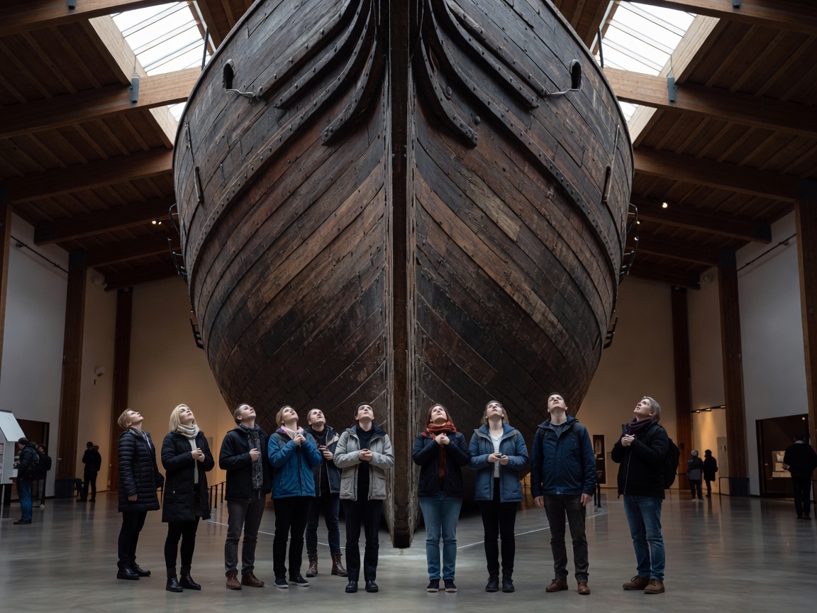 Visitors looking up at the wooden bow of the polar ship Fram inside the Fram Museum, Oslo
