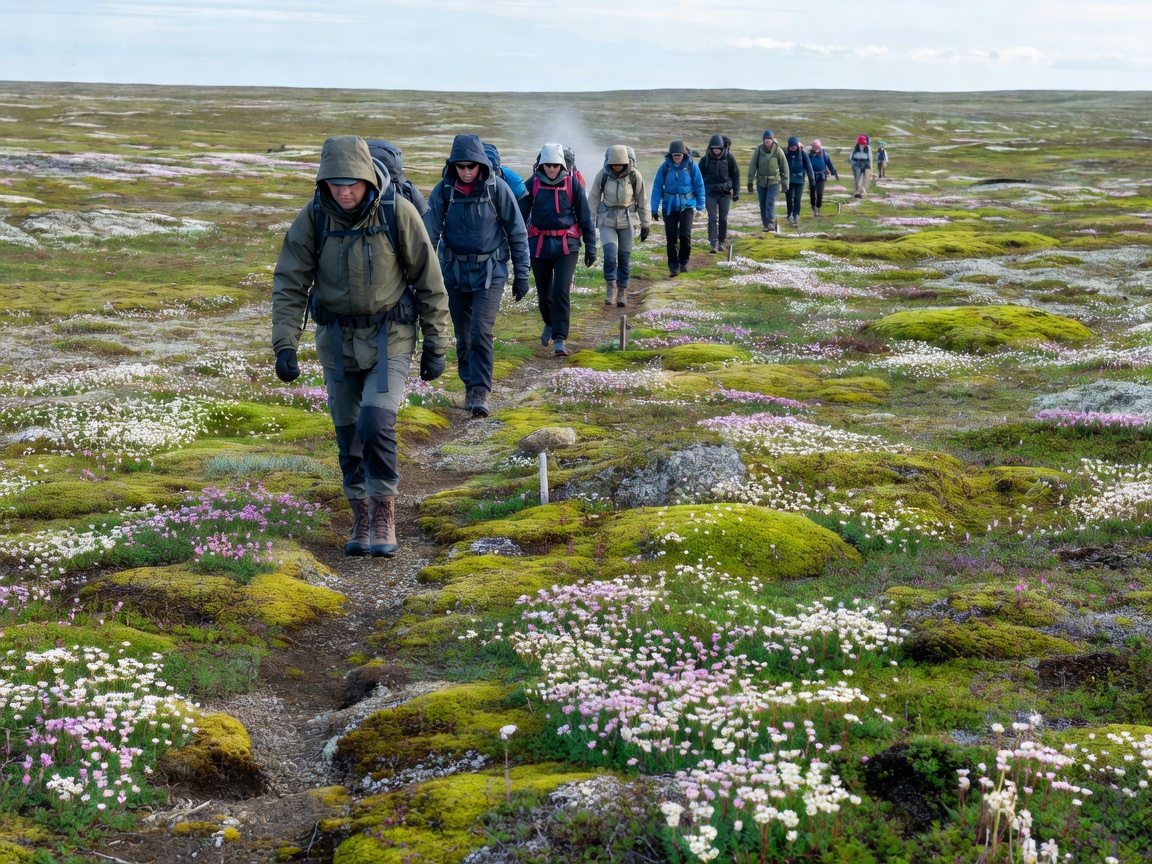Hikers walking single file along a marked path across fragile Arctic tundra with moss and flowering saxifrage on either side