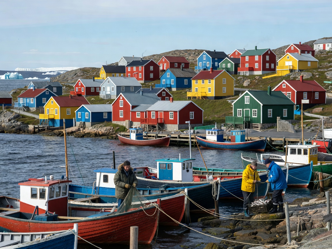Local residents and fishing boats in the harbour of Ilulissat, Greenland, with colourful houses on the hillside behind