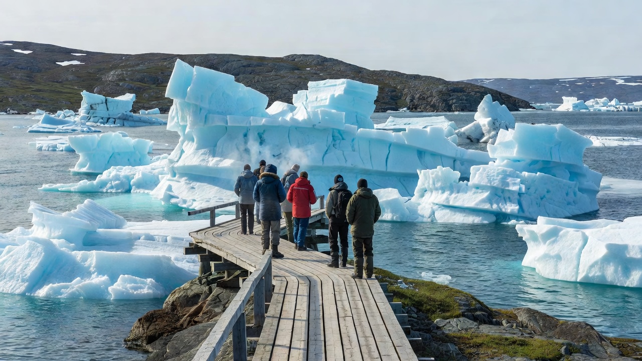 Walkers on the wooden boardwalk trail at Sermermiut looking out over a fjord packed with huge icebergs at the Ilulissat Icefjord, Greenland
