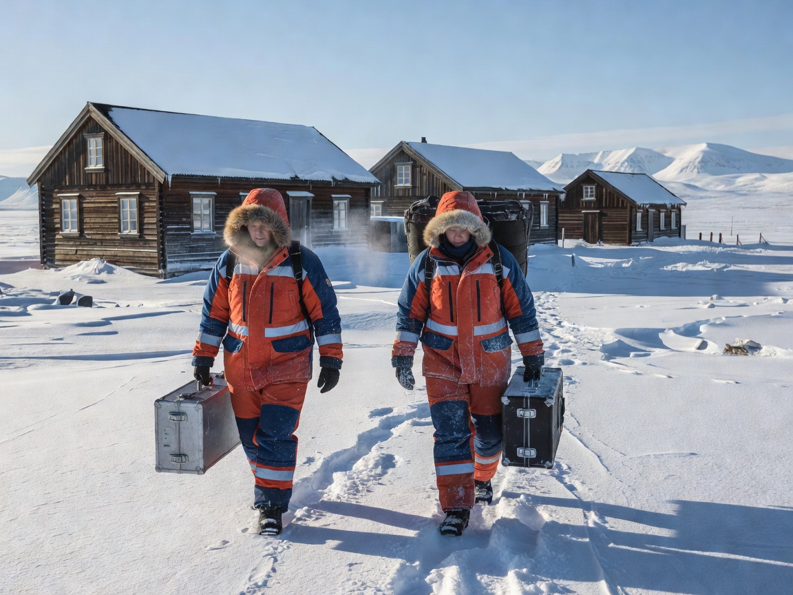 Two researchers in insulated suits carrying instrument cases past the low wooden buildings of the research station at Ny-Ålesund, Svalbard
