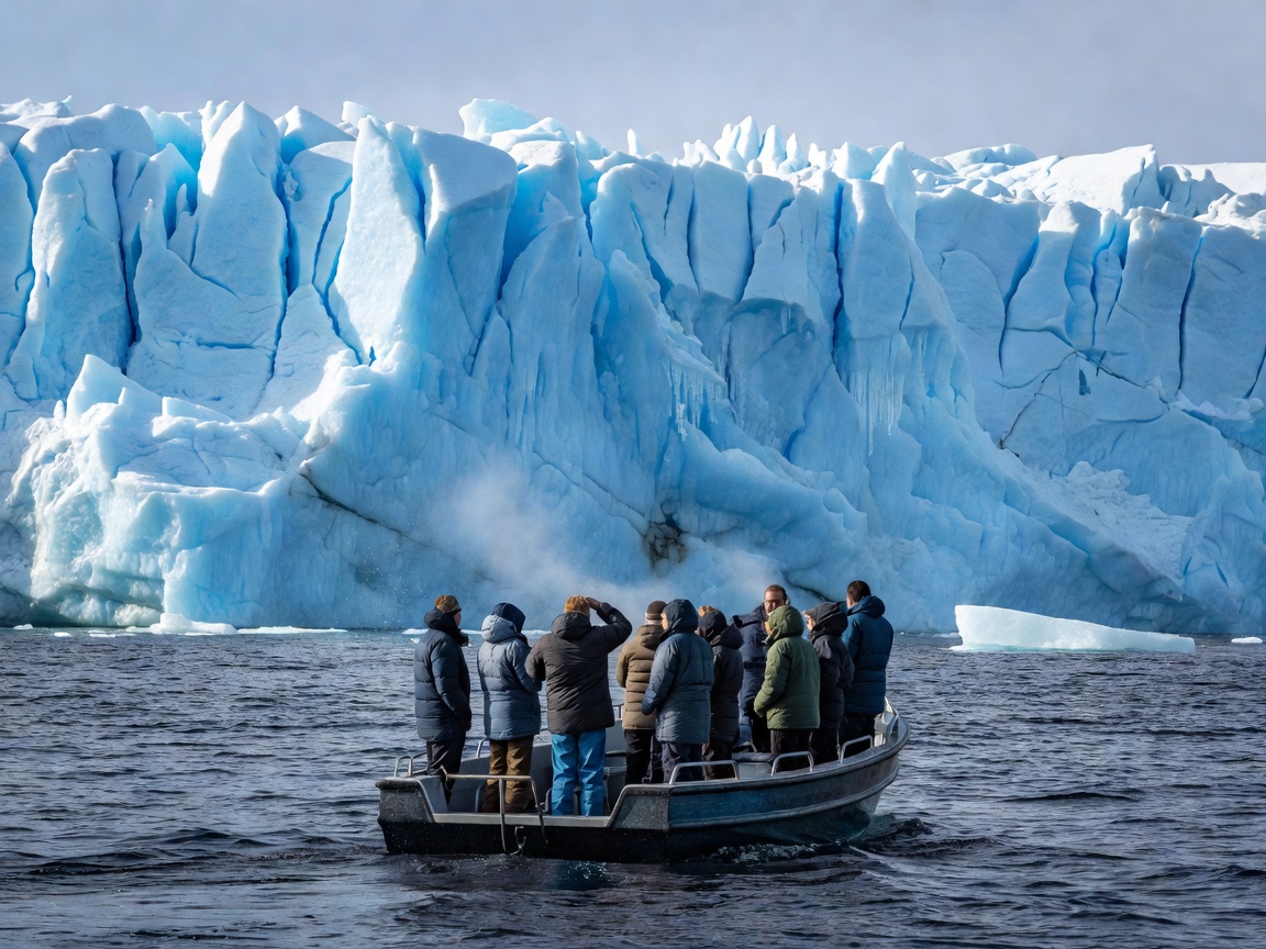 Passengers in warm jackets on a small boat watching the blue ice wall of a Svalbard tidewater glacier from a safe distance