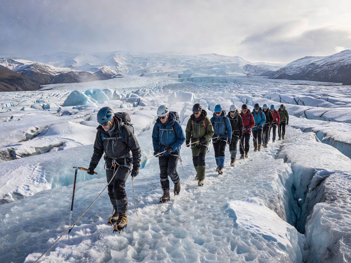 A roped group of hikers wearing helmets and crampons following a guide across the crevassed surface of an outlet glacier of Vatnajökull, Iceland